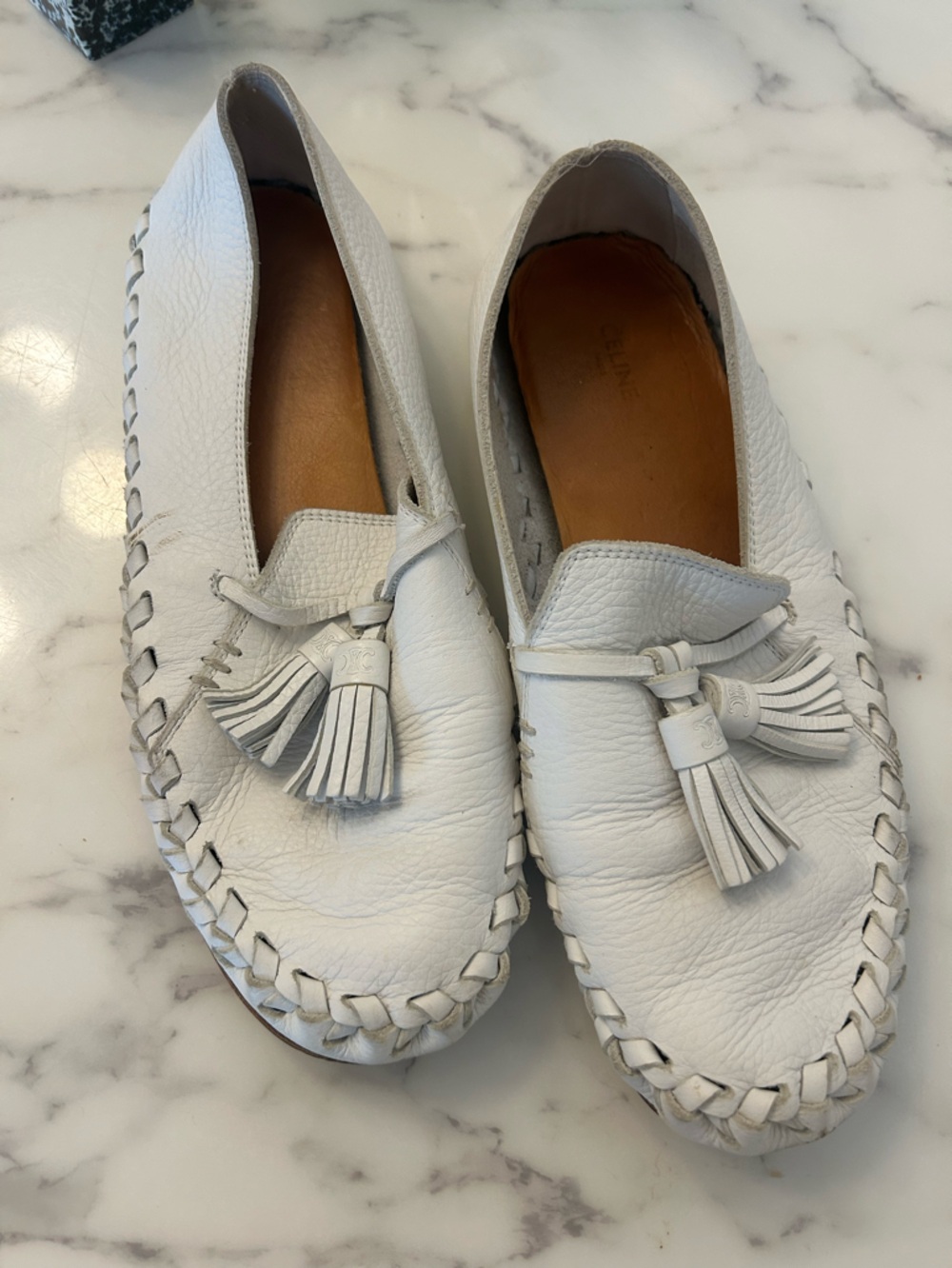 Celine White Leather Tassel Loafers
